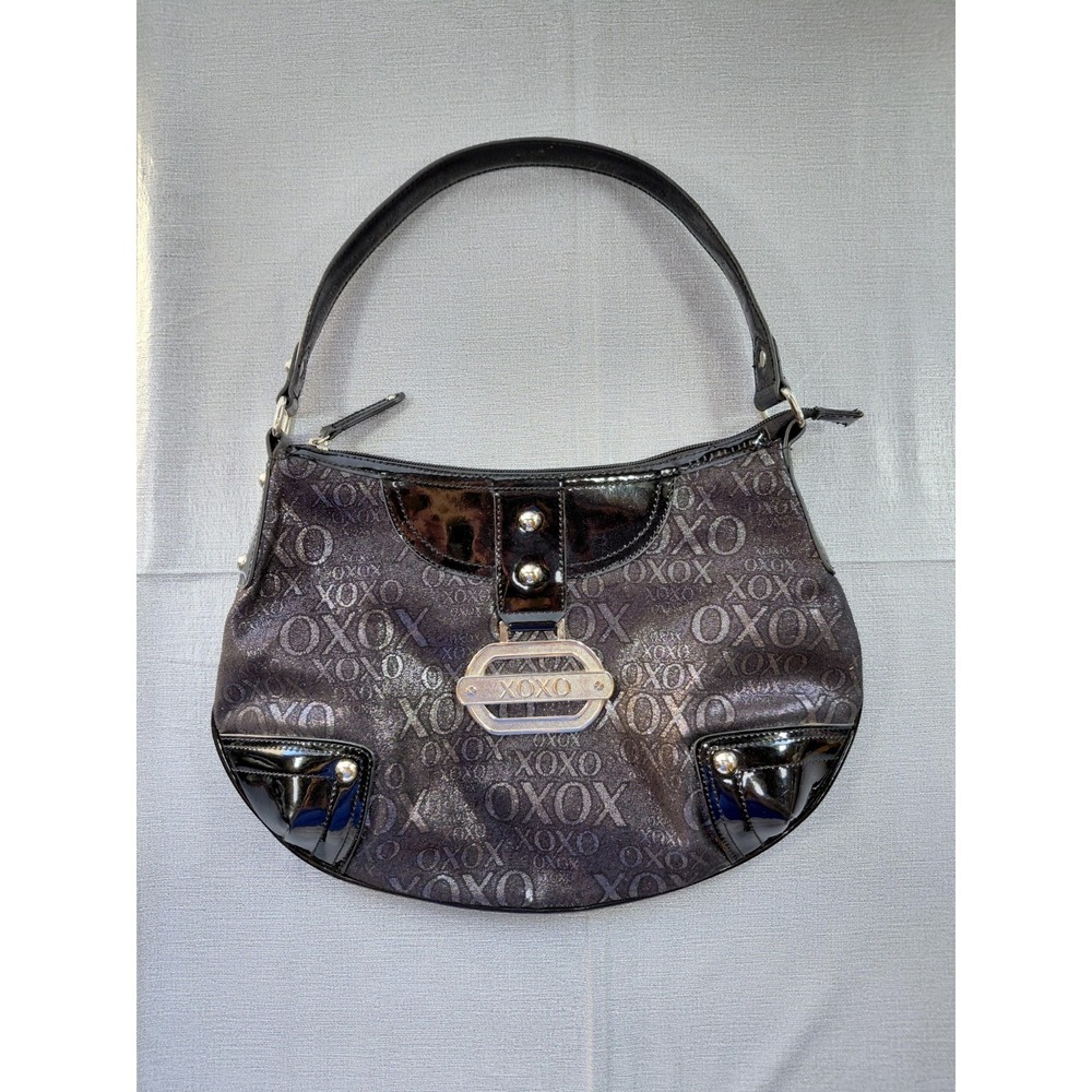 XOXO Hobo Shoulder Bag Black Silver Monogram Faux‎ Patent Leather Biker Goth